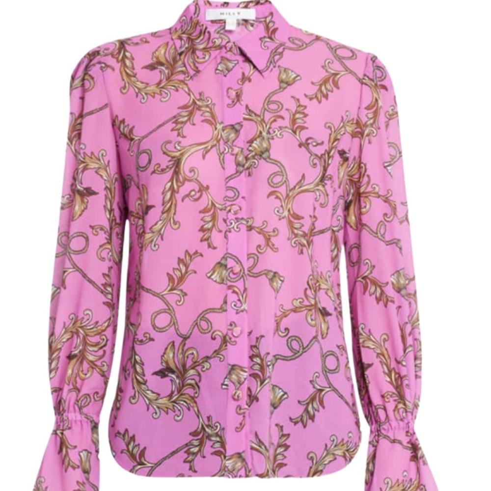 NWT Milly Lacey Chain Print Pink Pirate Sleeve Designer Blouse Sz L